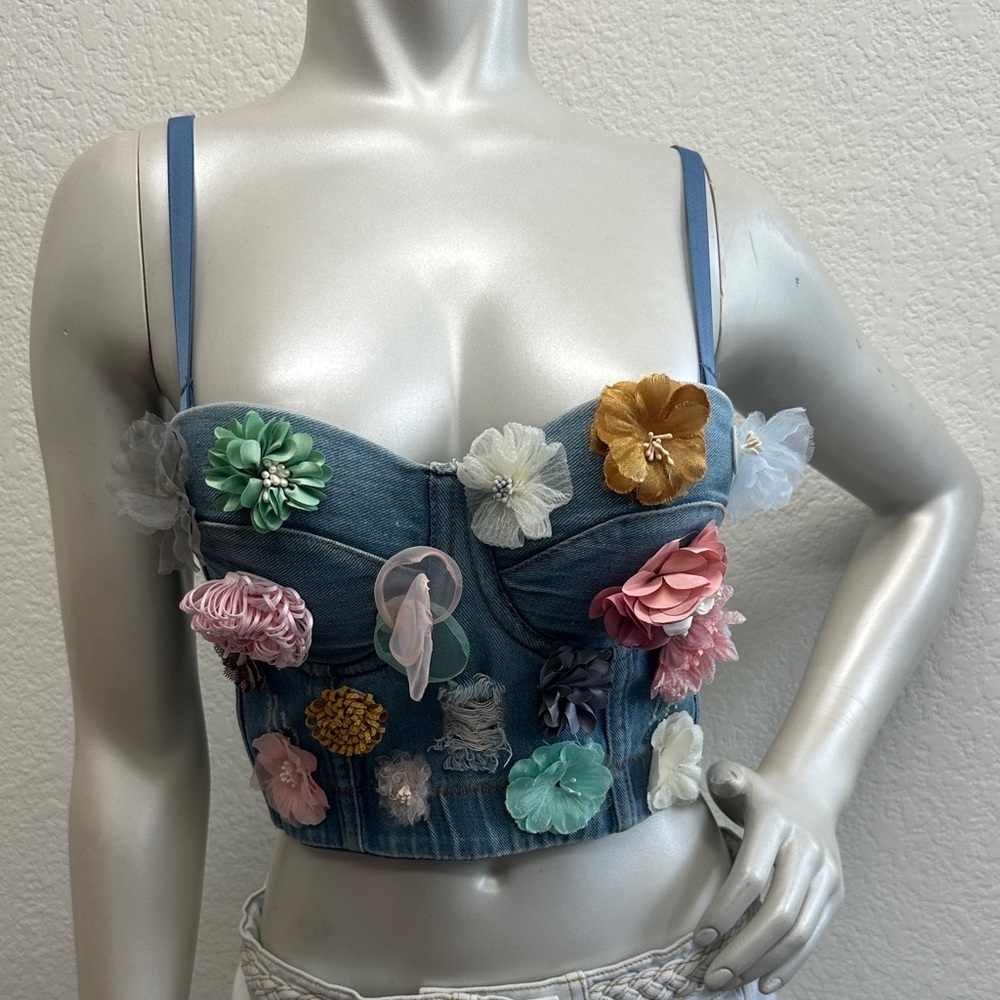 Vintage 90’s Denim Handmade Flowers Corset Camisole Top